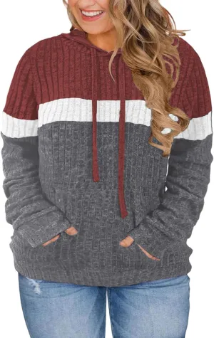 VISLILY Plus-Size-Hoodies for Women Casual Color Block Sweaters Long Sleeve Pullover Sweatshirts Cute Loose Tops with Pocket