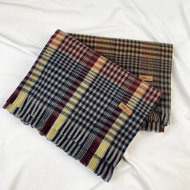 Warm Tassled Plaid Tassled Imitated Cashmere Shawl Scarf