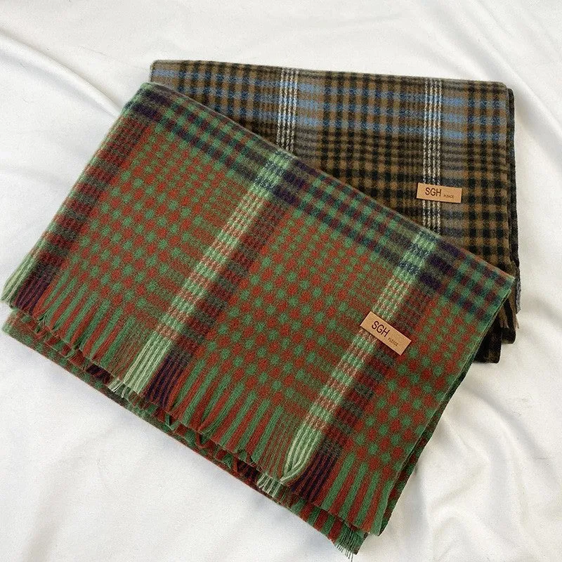 Warm Tassled Plaid Tassled Imitated Cashmere Shawl Scarf