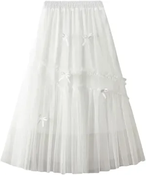 Women Bows Tulle Splicing Skirt Big Swing A-Line Pleated Skirts Elastic Waist Midi Party Skirt for Prom