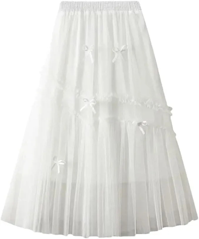 Women Bows Tulle Splicing Skirt Big Swing A-Line Pleated Skirts Elastic Waist Midi Party Skirt for Prom