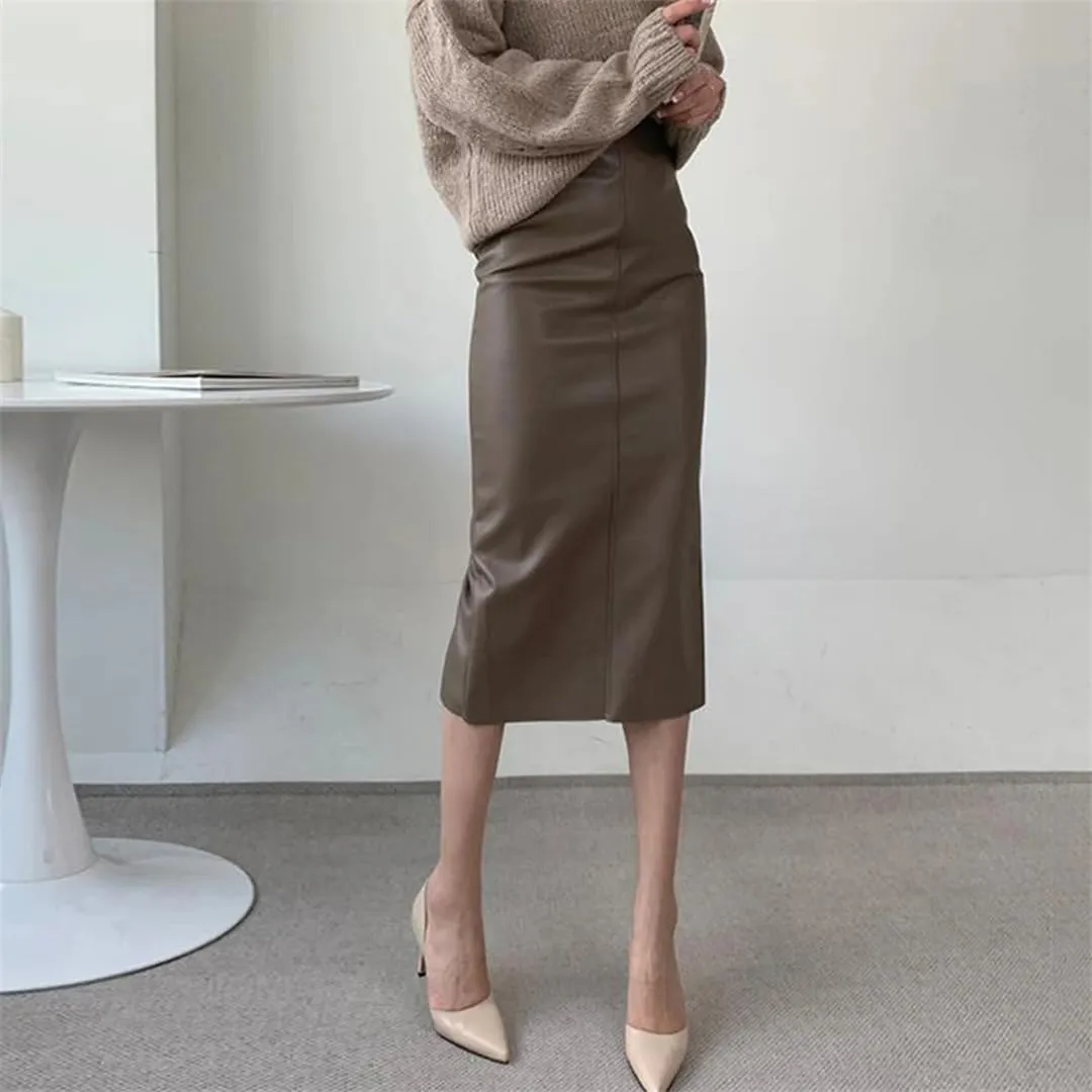 Women Faux Leather PU Midi Skirts Clubwear Party Lady High Bodycon Wrap HIPS Bottom Waist Skirts