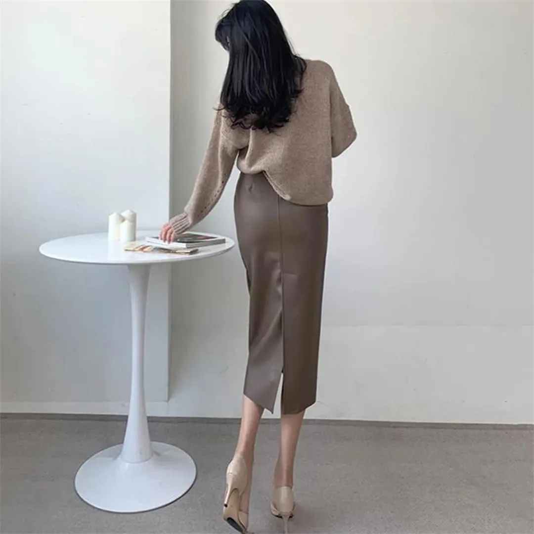 Women Faux Leather PU Midi Skirts Clubwear Party Lady High Bodycon Wrap HIPS Bottom Waist Skirts
