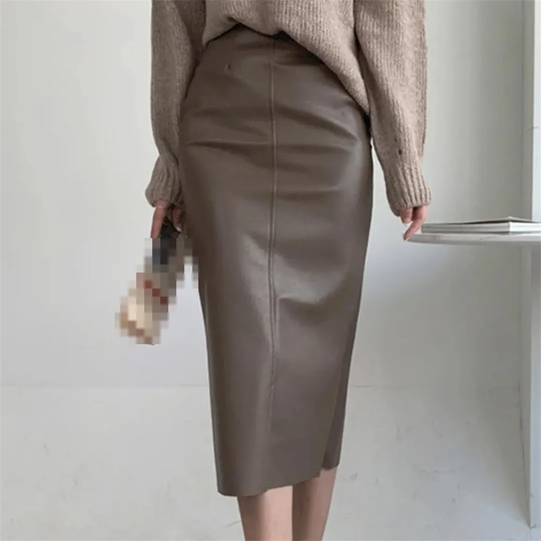 Women Faux Leather PU Midi Skirts Clubwear Party Lady High Bodycon Wrap HIPS Bottom Waist Skirts