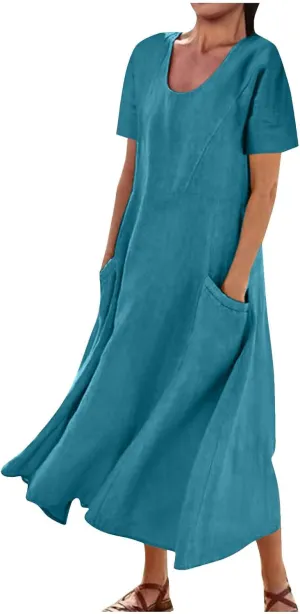 Women Flowy Cotton Linen Midi Dress Short Sleeve Casual Summer Dresses A Line Beach Dresses with Pockets