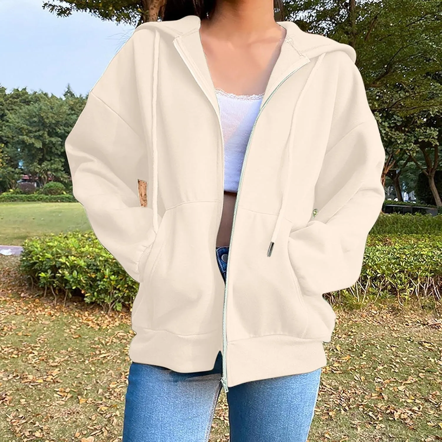 Women Hooded Full Zip Drawstring Sweatshirts Long Sleeve Oversized Casual Lightweight Jacket Winter Fashion Outfits