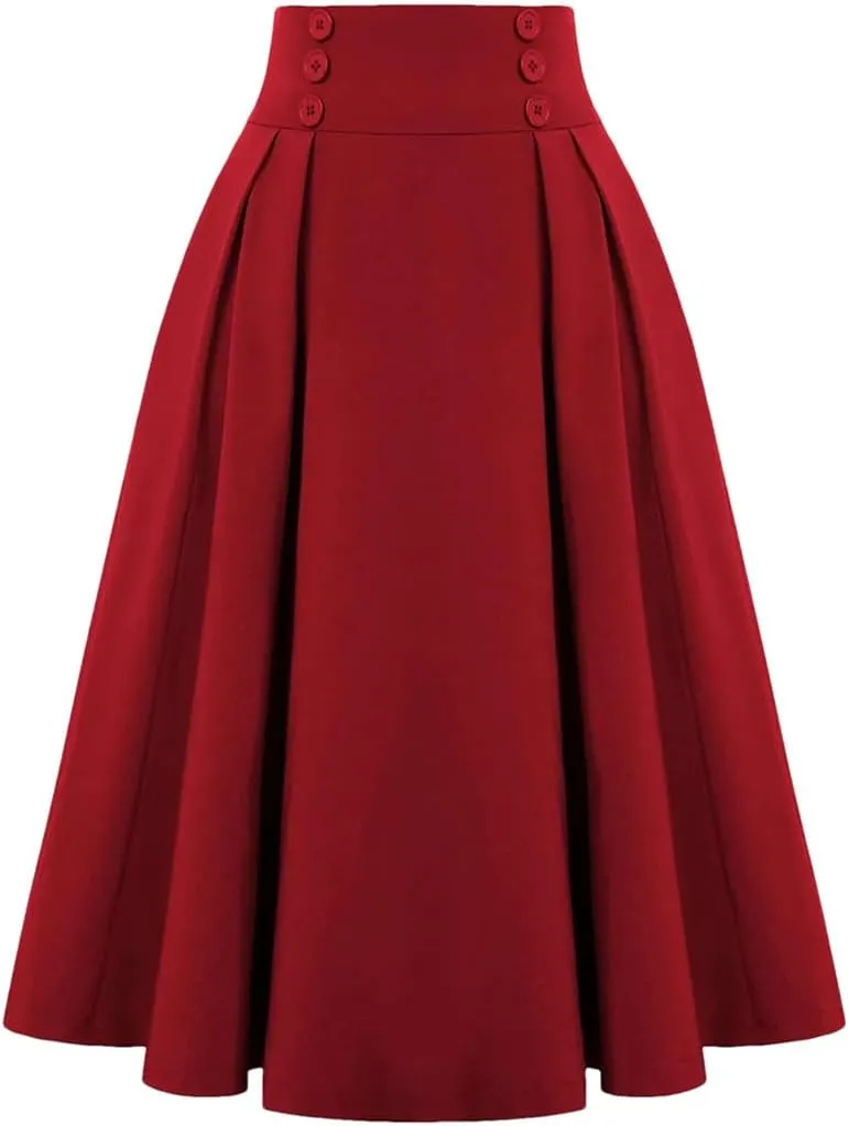 Women Large Swing Bottoms Knit Midi Length Skirt with Button High Waist Fashion Pleated Skirt
