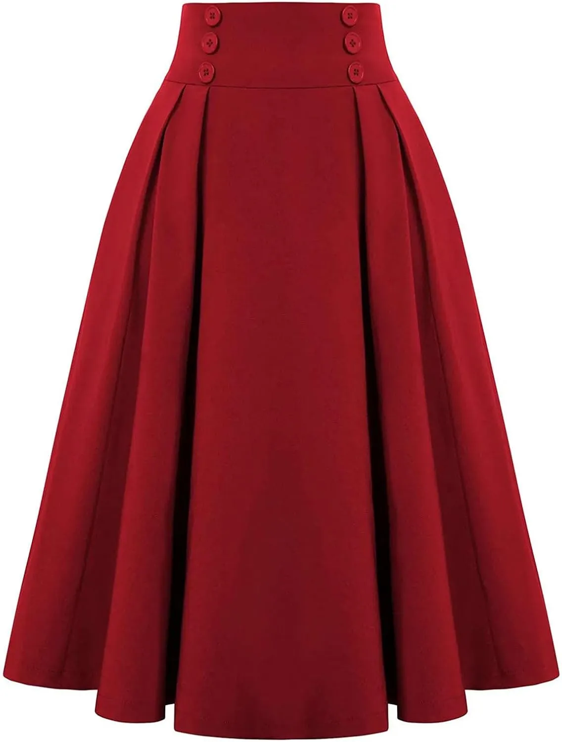 Women Large Swing Bottoms Knit Midi Length Skirt with Button High Waist Fashion Pleated Skirt