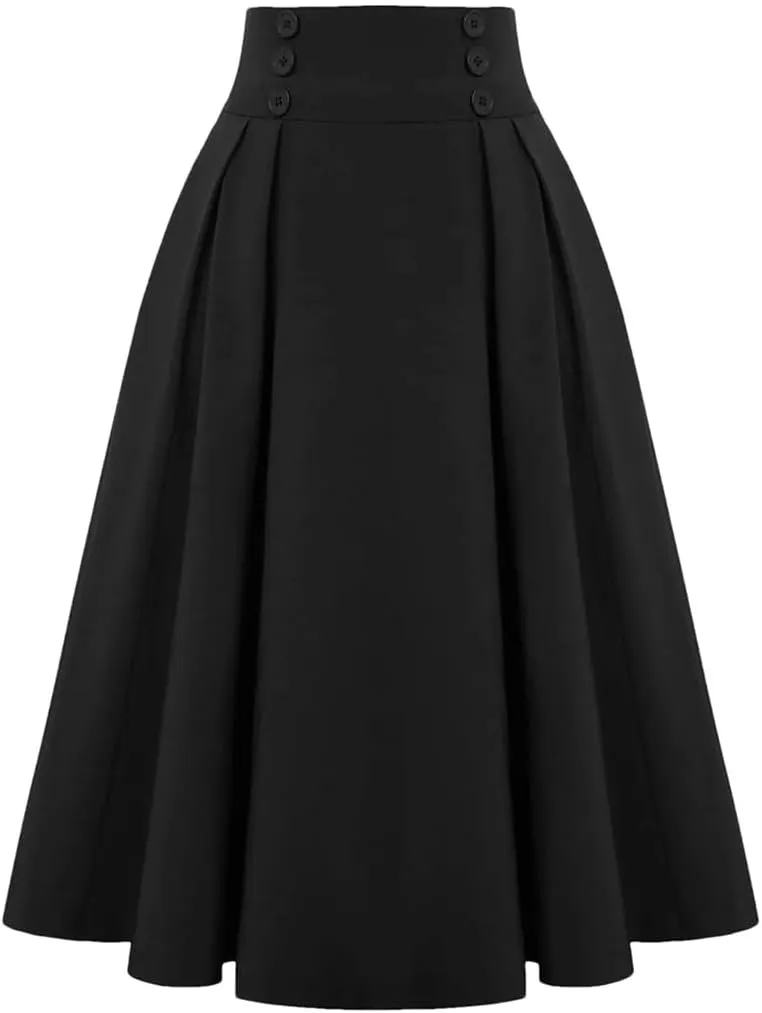 Women Large Swing Bottoms Knit Midi Length Skirt with Button High Waist Fashion Pleated Skirt