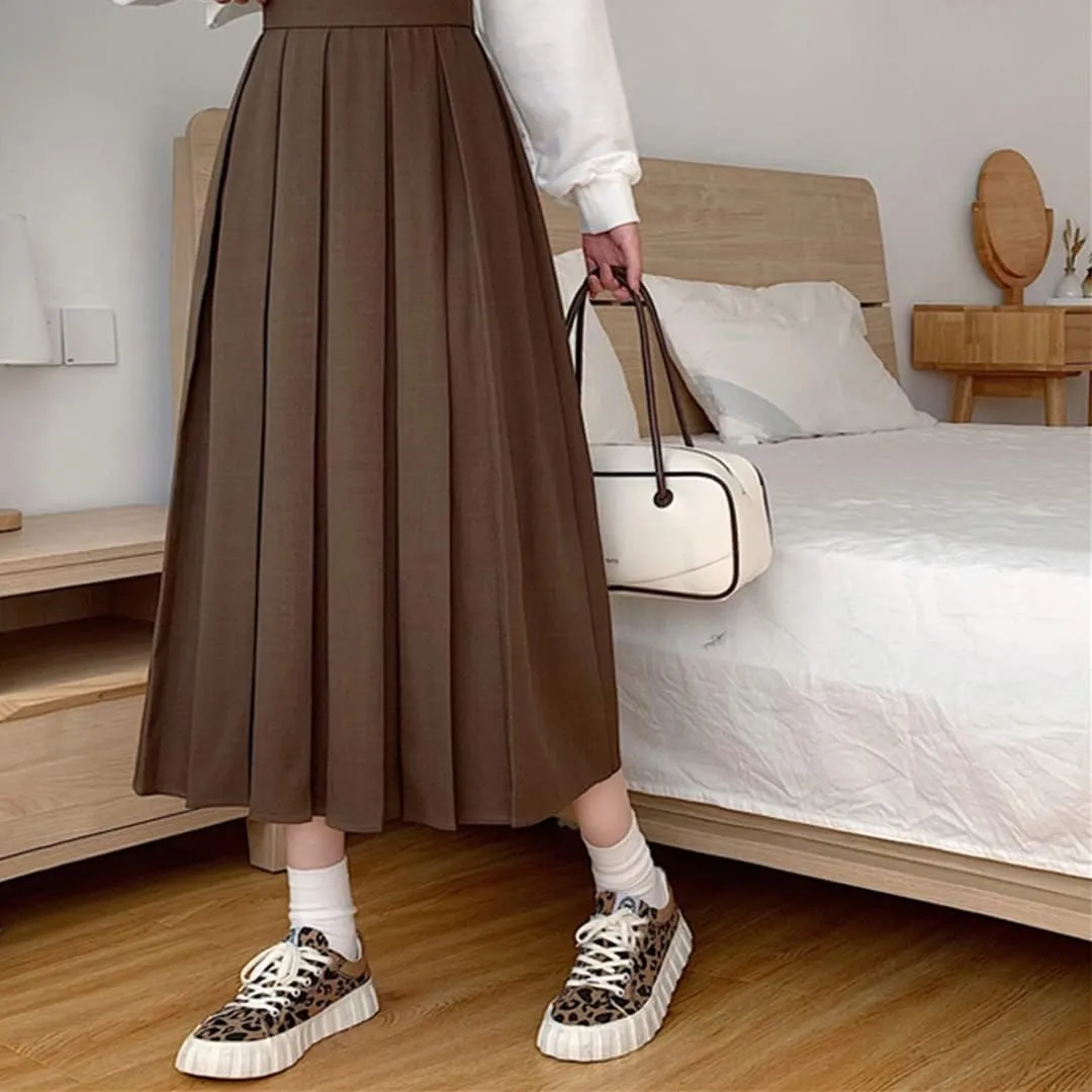 Women Long Black Pleated Skirt High Waist A Line Korean Summer Vintage Midi Skirts Girl Spring School Skirts