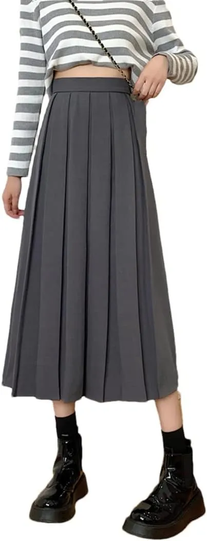 Women Long Black Pleated Skirt High Waist A Line Korean Summer Vintage Midi Skirts Girl Spring School Skirts