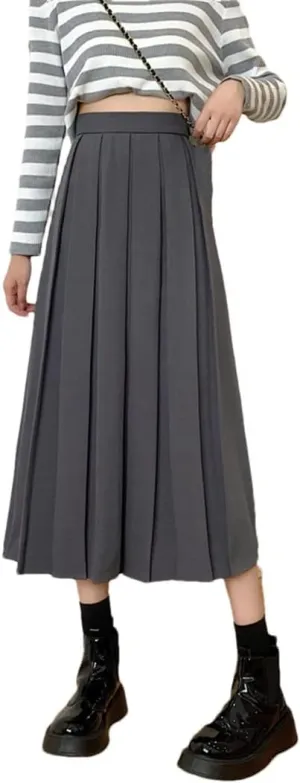 Women Long Black Pleated Skirt High Waist A Line Korean Summer Vintage Midi Skirts Girl Spring School Skirts