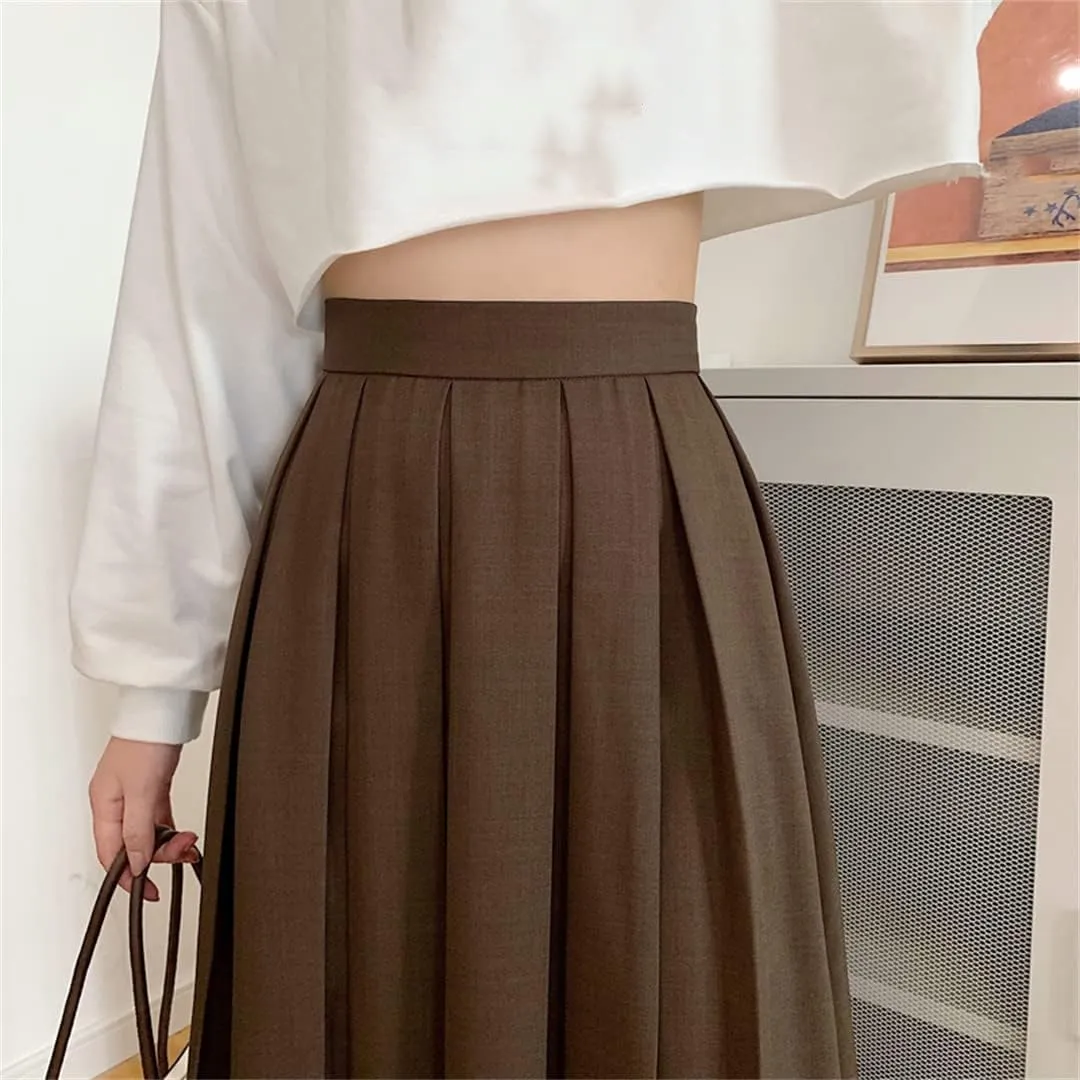 Women Long Black Pleated Skirt High Waist A Line Korean Summer Vintage Midi Skirts Girl Spring School Skirts