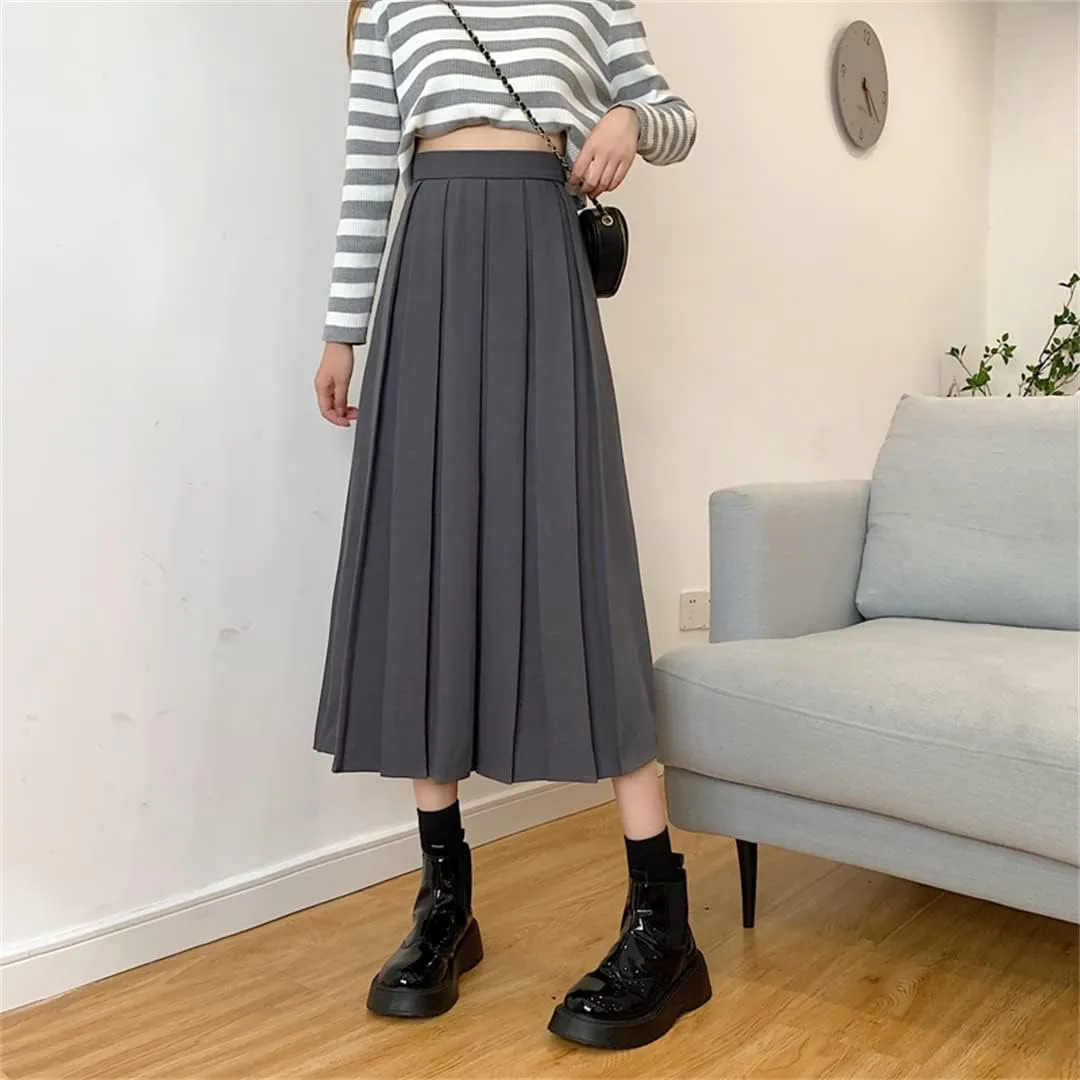 Women Long Black Pleated Skirt High Waist A Line Korean Summer Vintage Midi Skirts Girl Spring School Skirts