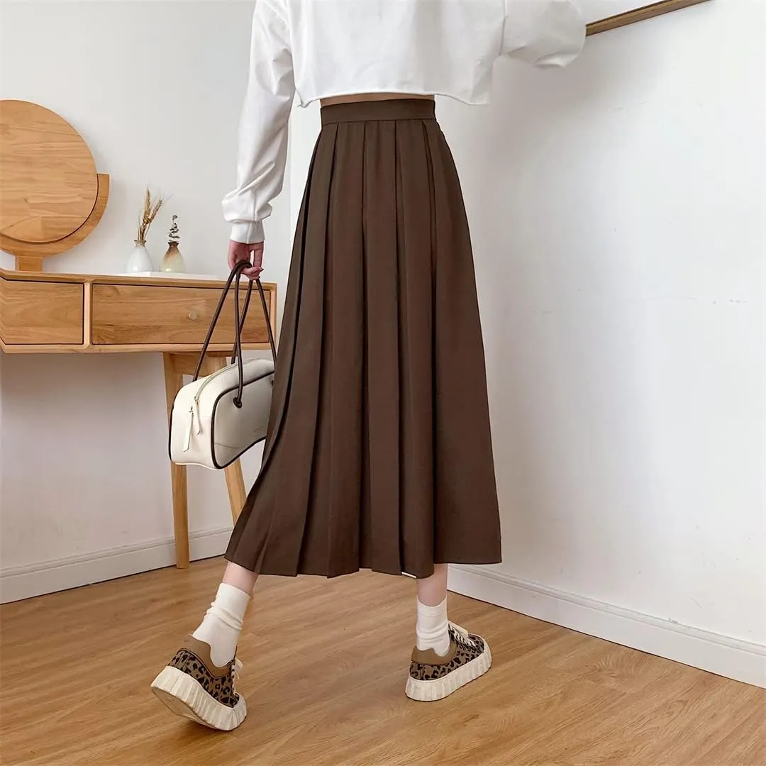 Women Long Black Pleated Skirt High Waist A Line Korean Summer Vintage Midi Skirts Girl Spring School Skirts