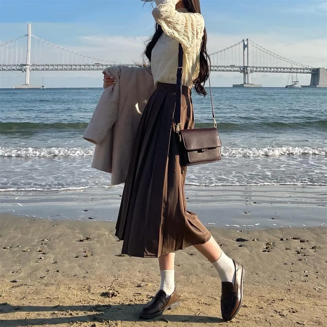 Women Long Black Pleated Skirt High Waist A Line Korean Summer Vintage Midi Skirts Girl Spring School Skirts