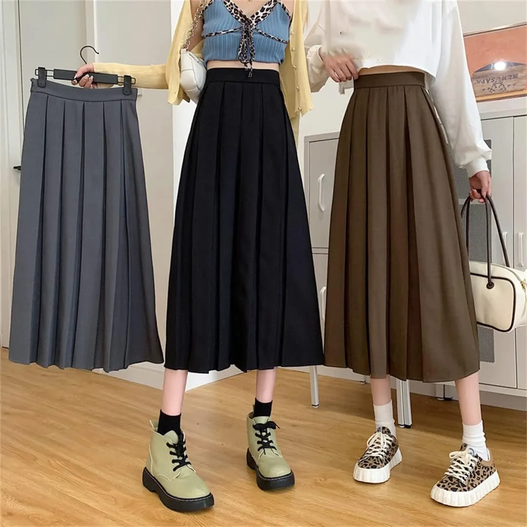 Women Long Black Pleated Skirt High Waist A Line Korean Summer Vintage Midi Skirts Girl Spring School Skirts