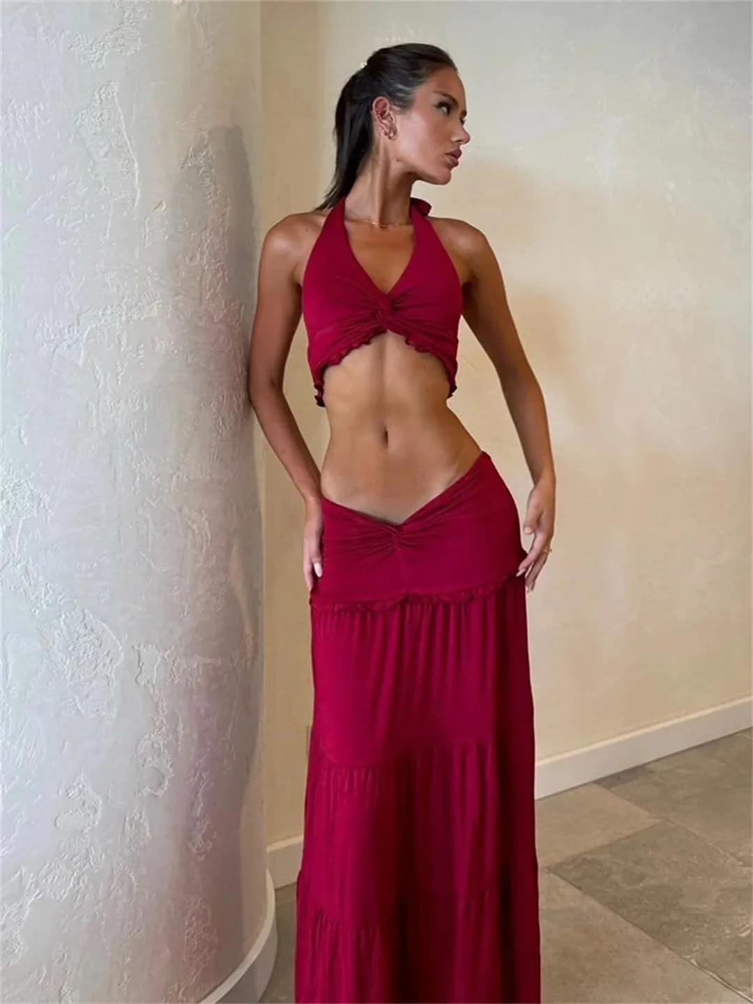 Women Pleated Matching 2 Piece Solid Sexy Ruffle Halter V-Neck Crop Tanks Cross High Waist Skirts