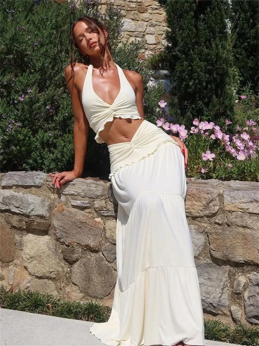 Women Pleated Matching 2 Piece Solid Sexy Ruffle Halter V-Neck Crop Tanks Cross High Waist Skirts