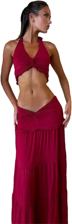Women Pleated Matching 2 Piece Solid Sexy Ruffle Halter V-Neck Crop Tanks Cross High Waist Skirts