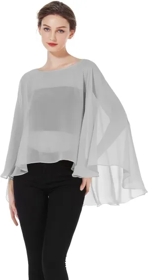 Women Poncho Cape High Low Chiffon Shawls Wraps Scarves Capelets for Evening Dress Bridal Wedding Party