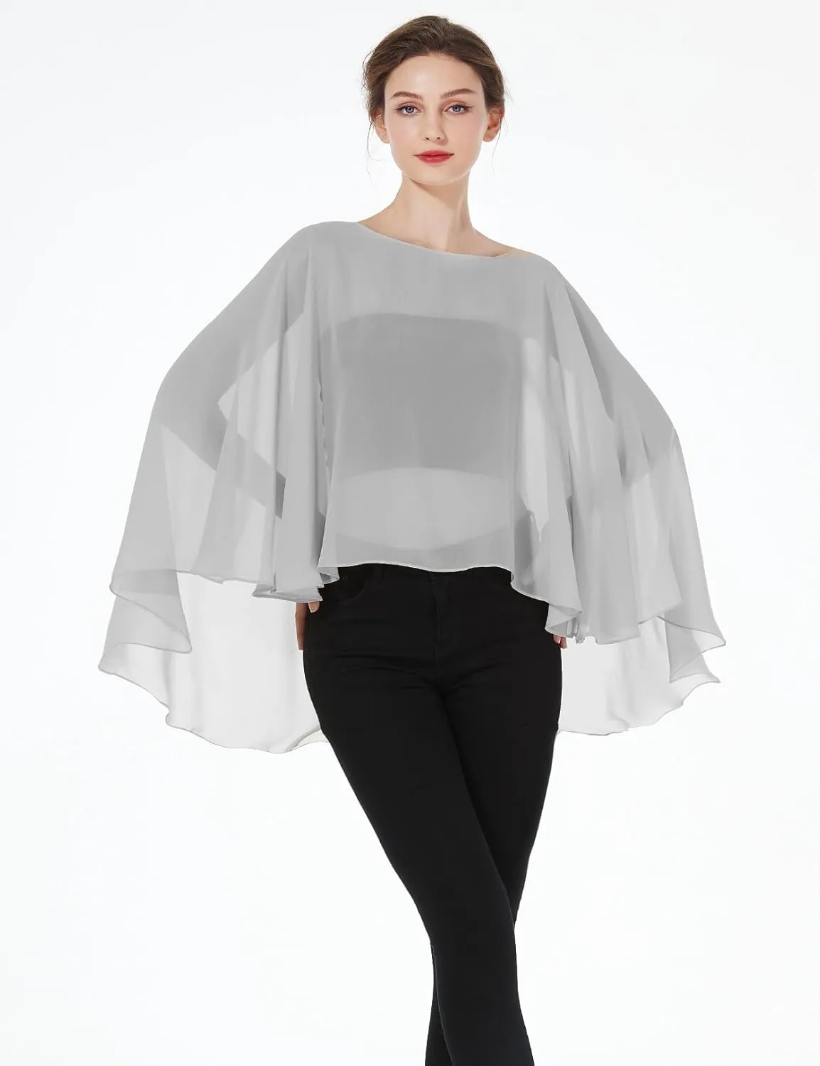 Women Poncho Cape High Low Chiffon Shawls Wraps Scarves Capelets for Evening Dress Bridal Wedding Party
