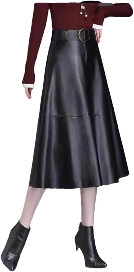 Women PU Leather Midi Skirts A-Line Casual Lady Solid with Belted High Waist Skirt