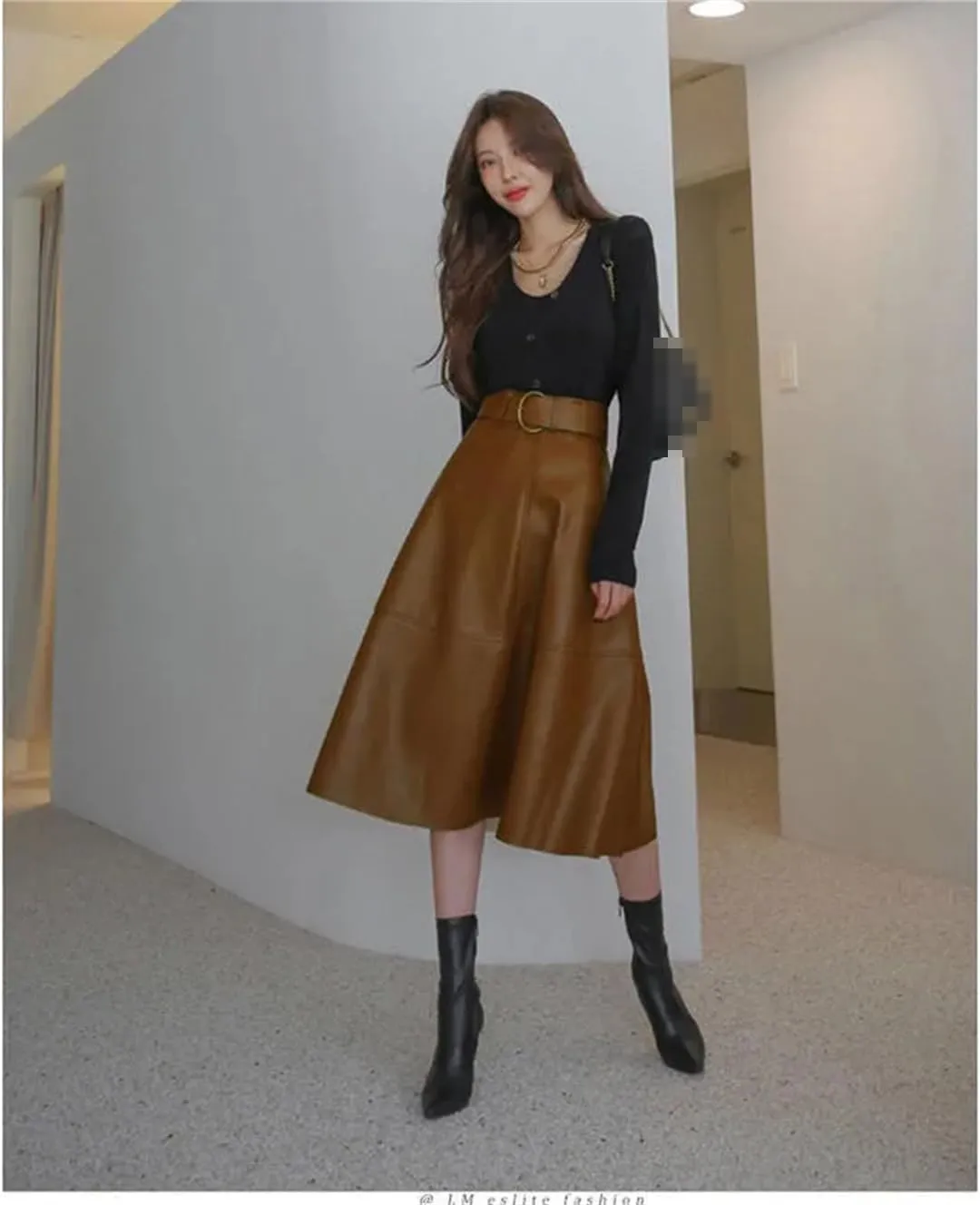 Women PU Leather Midi Skirts A-Line Casual Lady Solid with Belted High Waist Skirt