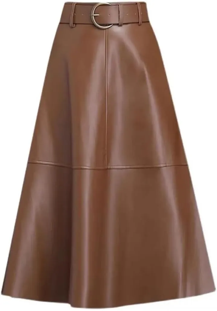 Women PU Leather Midi Skirts A-Line Casual Lady Solid with Belted High Waist Skirt
