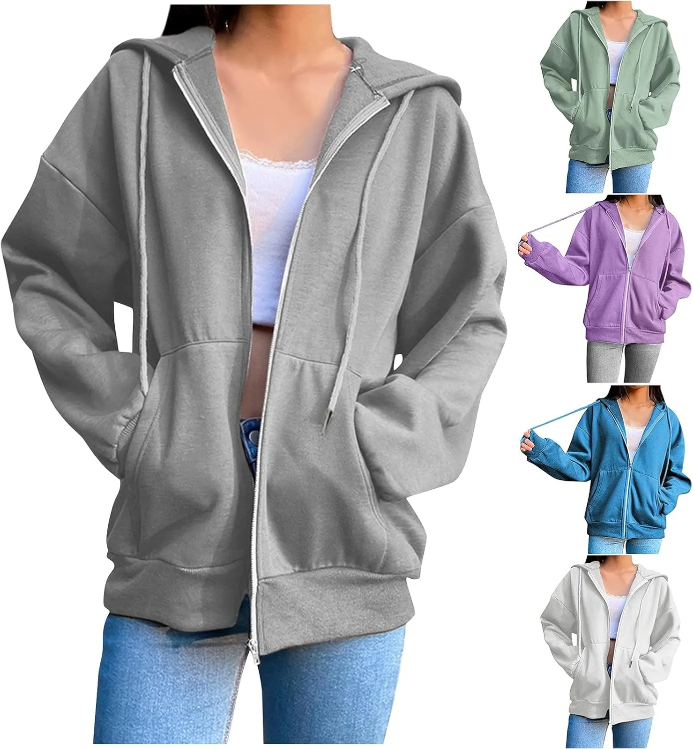 Women Zip Up Y2K Hoodie Fall Oversized Sweatshirts Casual Drawstring Hooded Pockets Jacket 2024 Long Sleeve Clothes