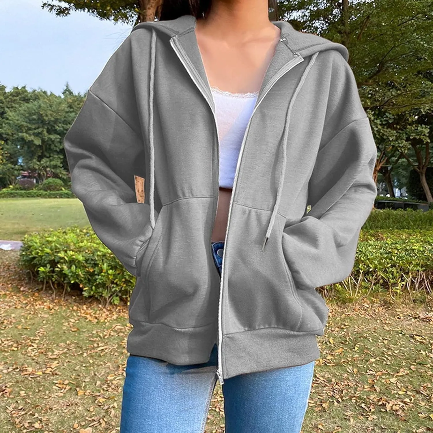 Women Zip Up Y2K Hoodie Fall Oversized Sweatshirts Casual Drawstring Hooded Pockets Jacket 2024 Long Sleeve Clothes