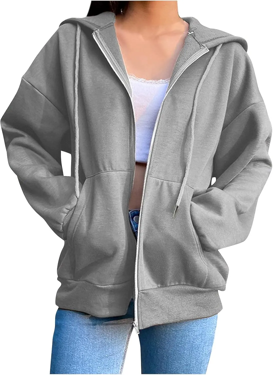 Women Zip Up Y2K Hoodie Fall Oversized Sweatshirts Casual Drawstring Hooded Pockets Jacket 2024 Long Sleeve Clothes