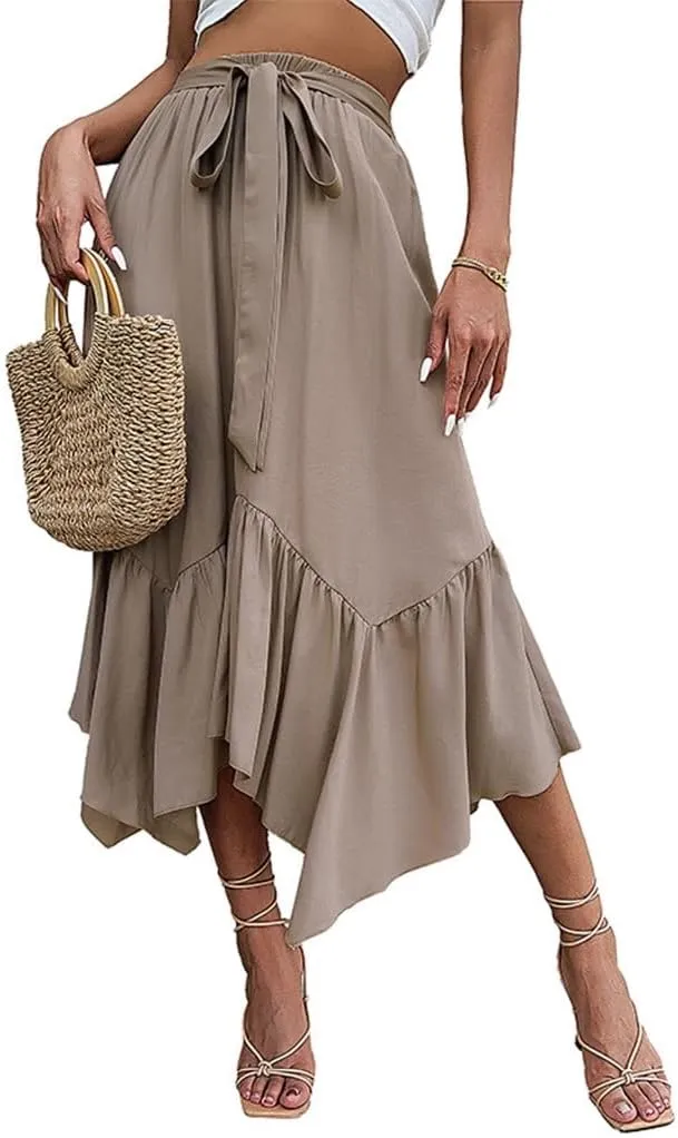 Women's Belted High Waist Midi Skirt Casual Asymmetrical Ruffle Hem Long Skirts Pleated A Line Cocktail Party Skirts Khaki