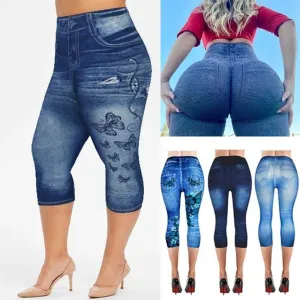 Women's Capri Leggings In Jeans 3/4 Summer Leggings Jeggings Skinny Butterfly Printed