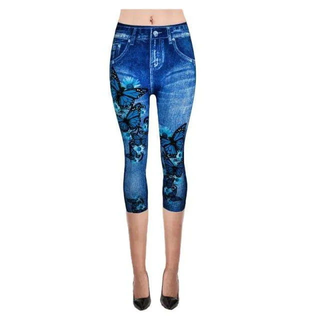 Women's Capri Leggings In Jeans 3/4 Summer Leggings Jeggings Skinny Butterfly Printed