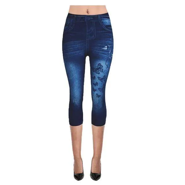 Women's Capri Leggings In Jeans 3/4 Summer Leggings Jeggings Skinny Butterfly Printed