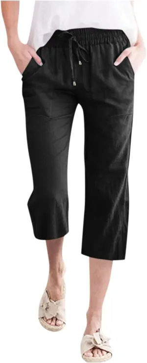Women's Capri Summer Cotton Linen Pants Casual Comfy Soft High Waisted Cropped Trouser Beach Travel Outfits