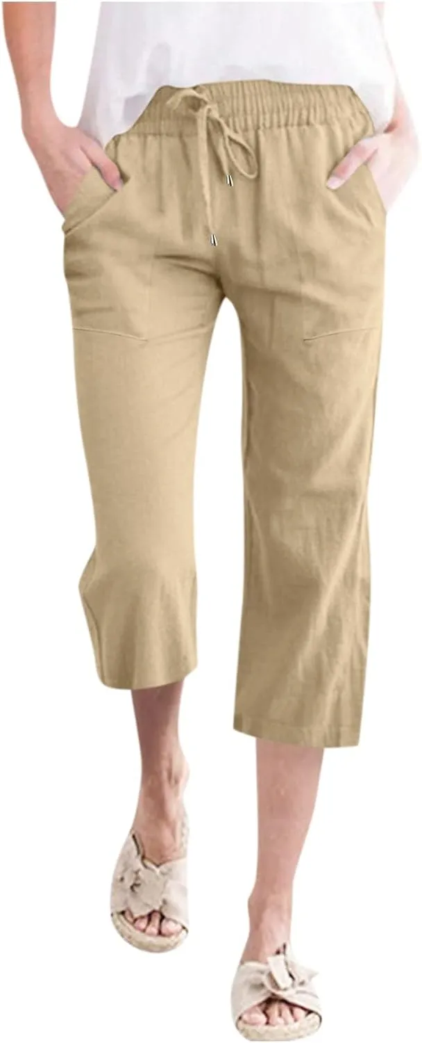 Women's Capri Summer Cotton Linen Pants Casual Comfy Soft High Waisted Cropped Trouser Beach Travel Outfits