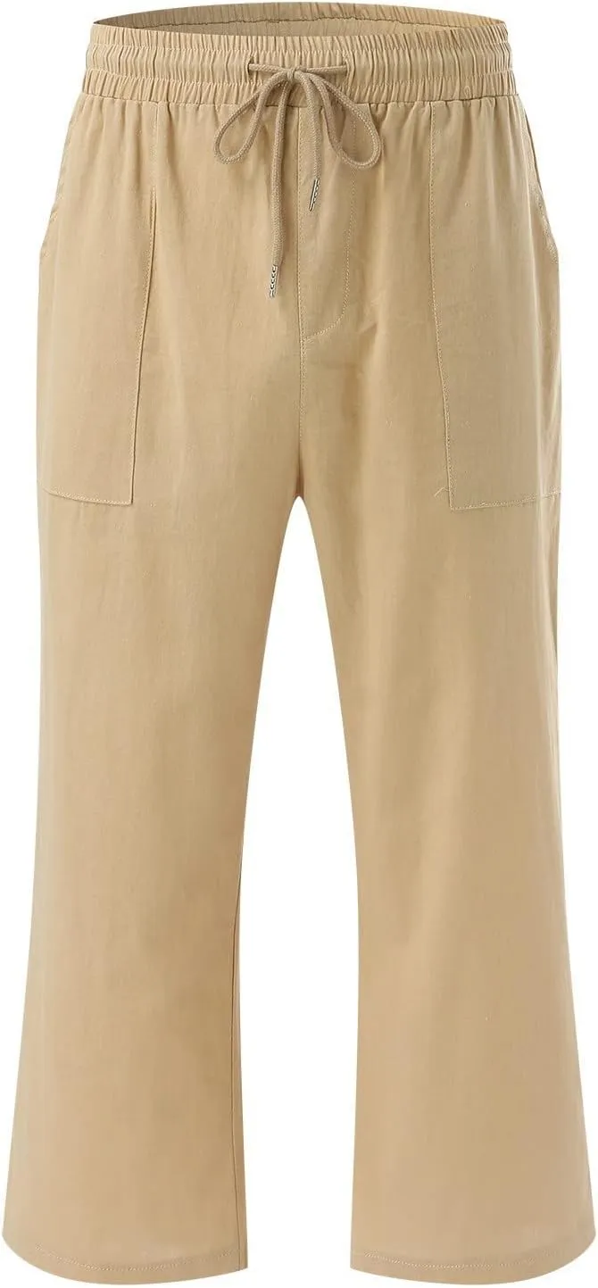 Women's Capri Summer Cotton Linen Pants Casual Comfy Soft High Waisted Cropped Trouser Beach Travel Outfits