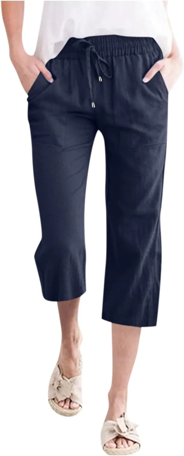 Women's Capri Summer Cotton Linen Pants Casual Comfy Soft High Waisted Cropped Trouser Beach Travel Outfits
