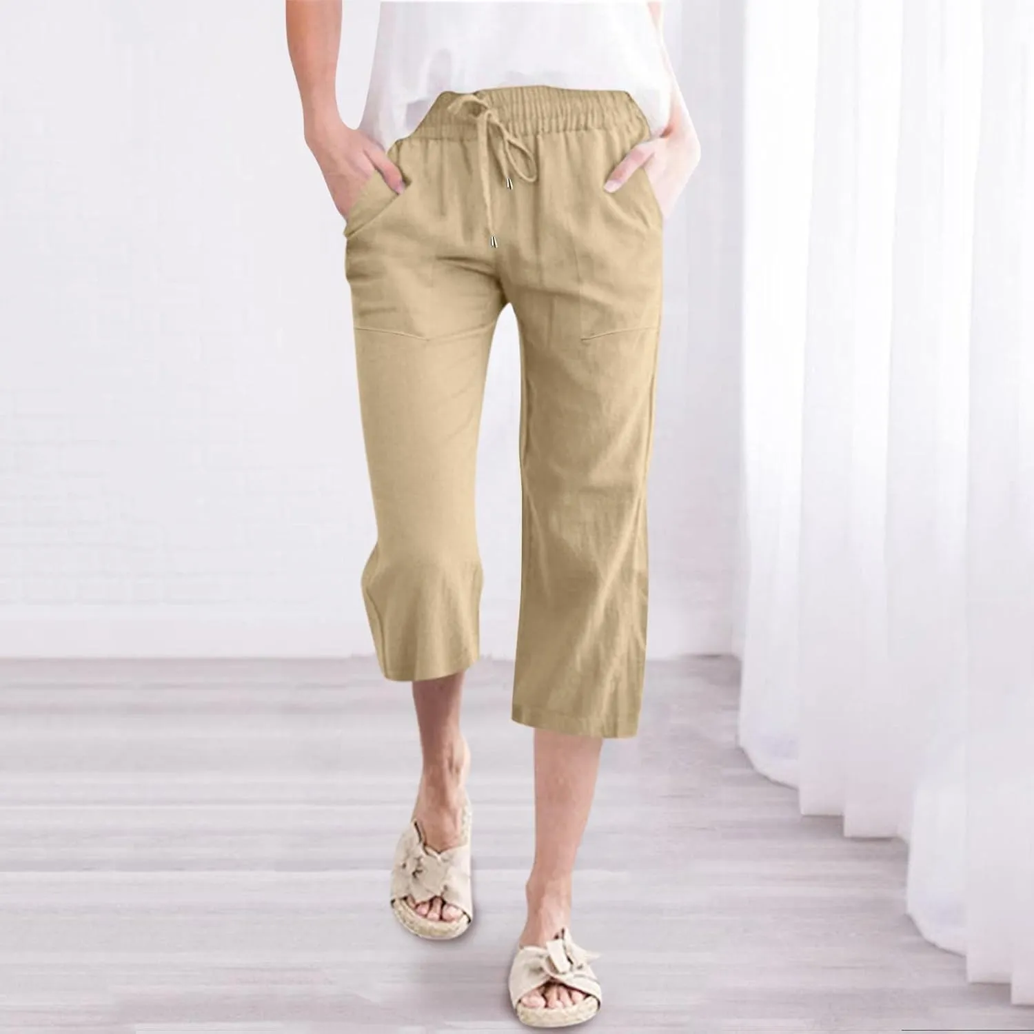 Women's Capri Summer Cotton Linen Pants Casual Comfy Soft High Waisted Cropped Trouser Beach Travel Outfits