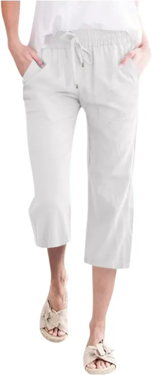 Women's Capri Summer Cotton Linen Pants Casual Comfy Soft High Waisted Cropped Trouser Beach Travel Outfits