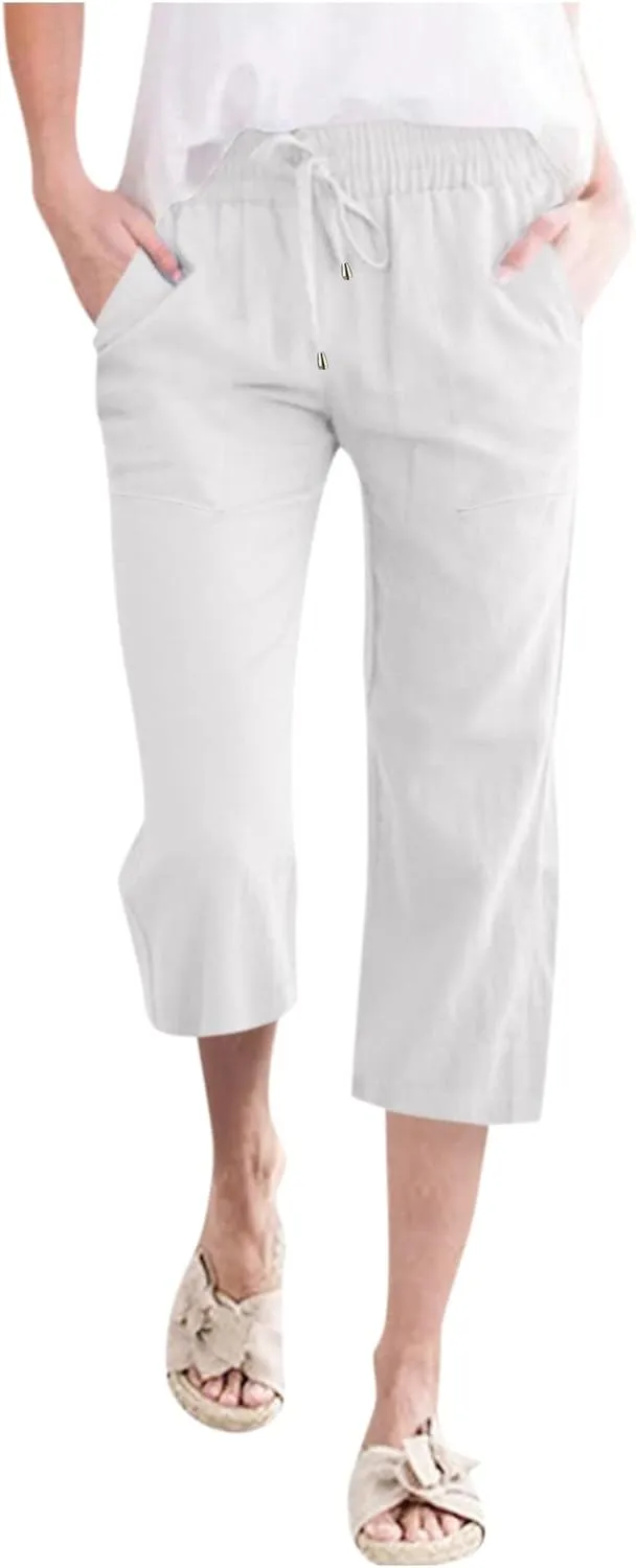 Women's Capri Summer Cotton Linen Pants Casual Comfy Soft High Waisted Cropped Trouser Beach Travel Outfits