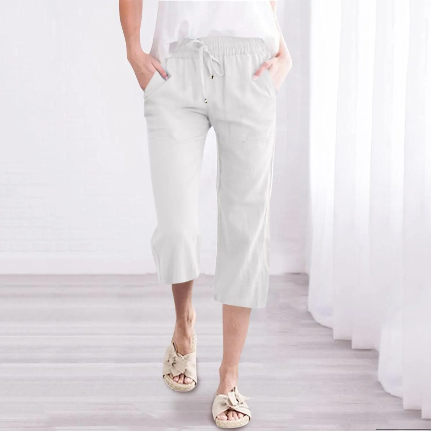 Women's Capri Summer Cotton Linen Pants Casual Comfy Soft High Waisted Cropped Trouser Beach Travel Outfits