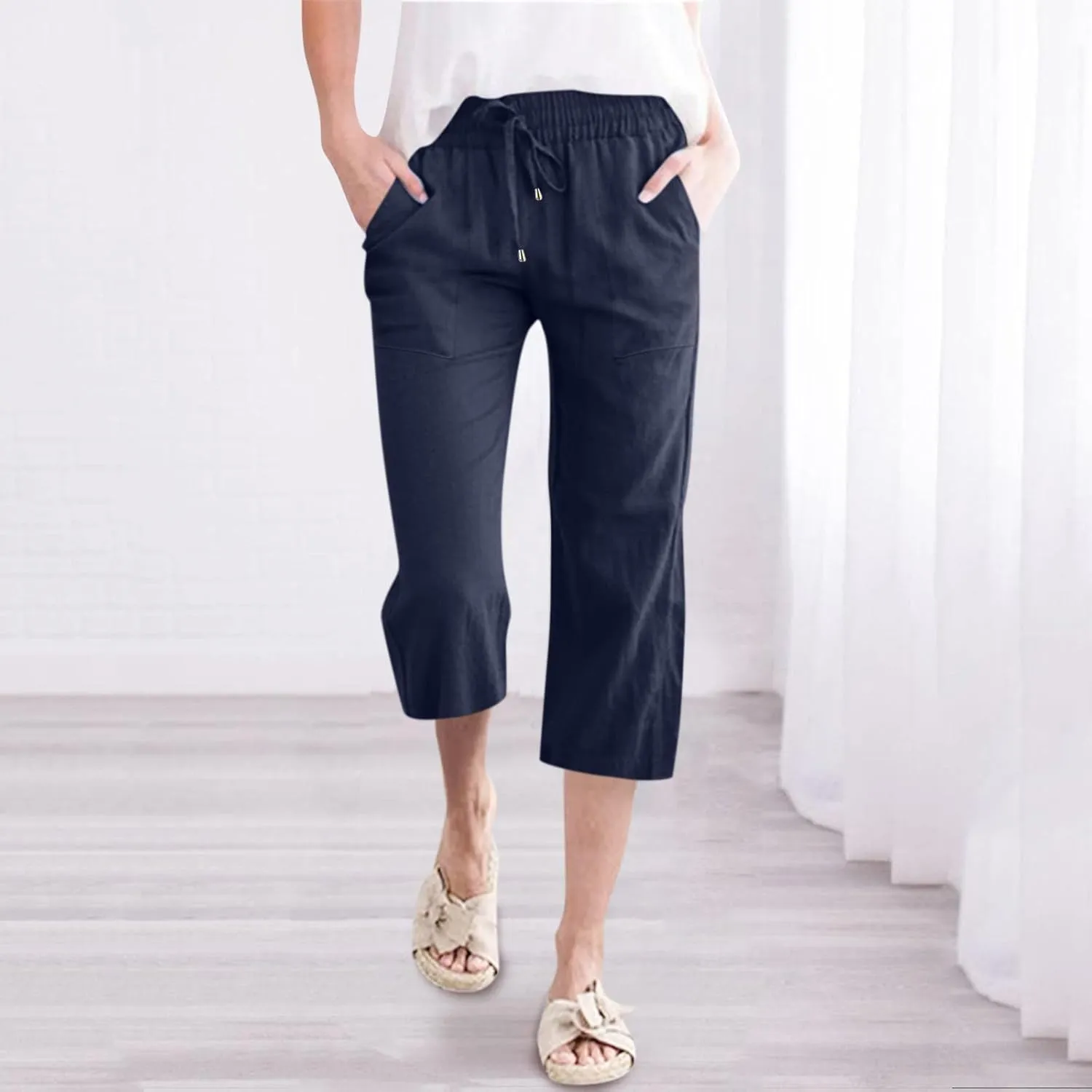 Women's Capri Summer Cotton Linen Pants Casual Comfy Soft High Waisted Cropped Trouser Beach Travel Outfits