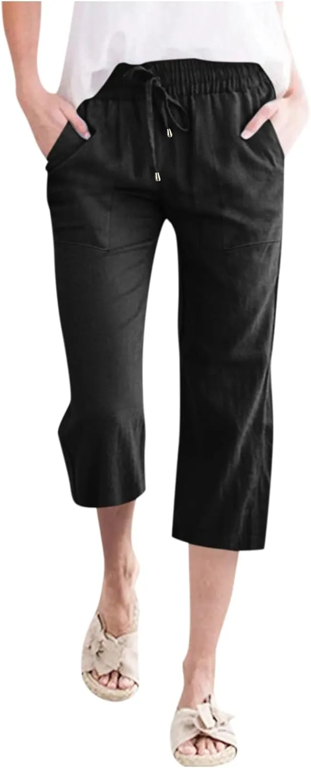 Women's Capri Summer Cotton Linen Pants Casual Comfy Soft High Waisted Cropped Trouser Beach Travel Outfits