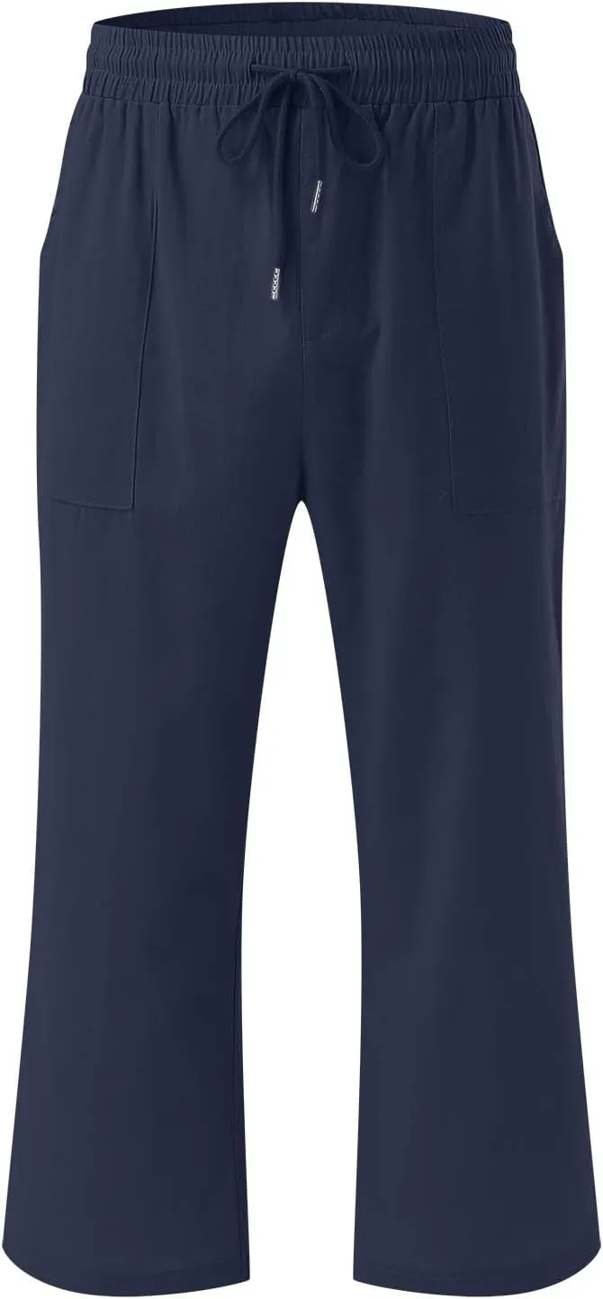 Women's Capri Summer Cotton Linen Pants Casual Comfy Soft High Waisted Cropped Trouser Beach Travel Outfits