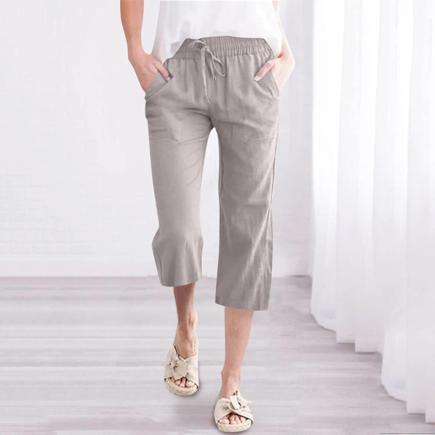 Women's Capri Summer Cotton Linen Pants Casual Comfy Soft High Waisted Cropped Trouser Beach Travel Outfits