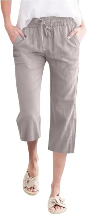 Women's Capri Summer Cotton Linen Pants Casual Comfy Soft High Waisted Cropped Trouser Beach Travel Outfits