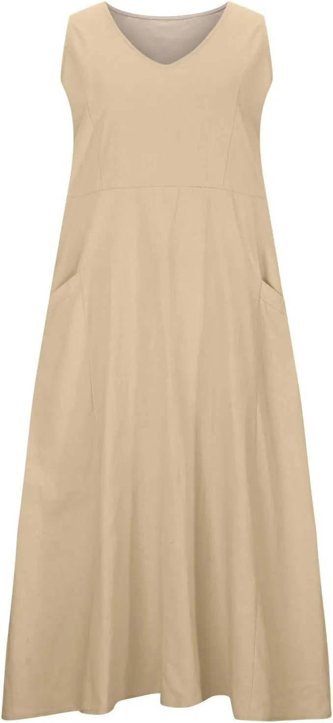 Women's Casual Dresses Trendy 2024 Cotton Linen Sleeveless Midi Tank Dresses Maxi T-Shirts Sundresses with Pockets